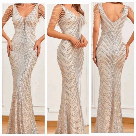 Silver, Backless, V Neck, Draped Rhinestone,  Contras Sequined Mermaid G… - Picture 2 of 16